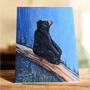 Black Bear Art Tile Ian Russell Signed Ceramic Wish Upon A Star Celestial 6 x 8